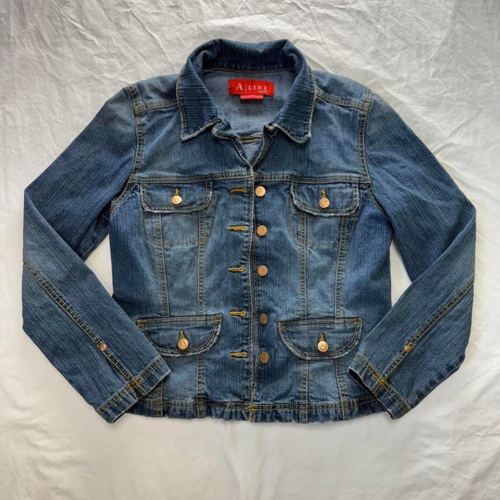 Y2k A Line Women's Button Up Distressed Denim Jean Jacket Size Sz M Preppy